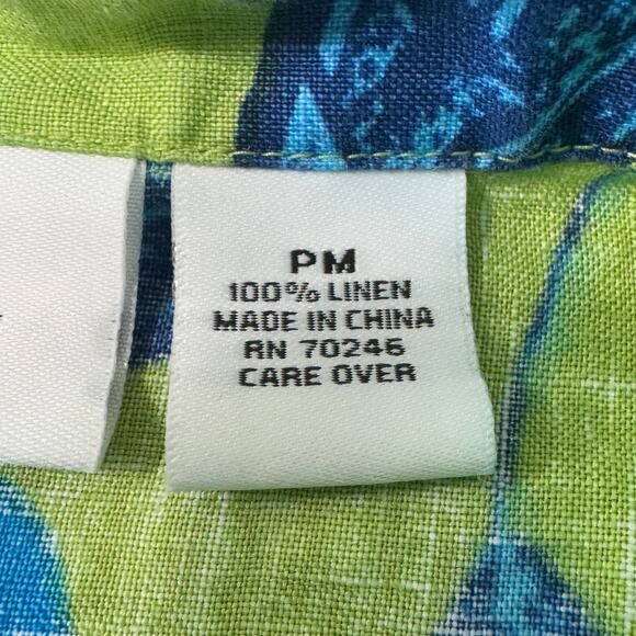 Parisian Works Womens Button Up Blouse Size Petite Medium Green Blue 100% Linen - Picture 7 of 12